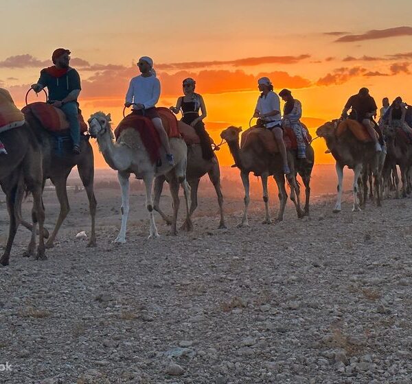 Group of people riding camels at sunset in Agafay Desert camp